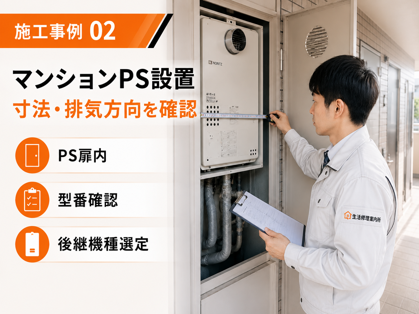 マンションPS設置の給湯器交換施工事例。寸法や排気方向を確認
