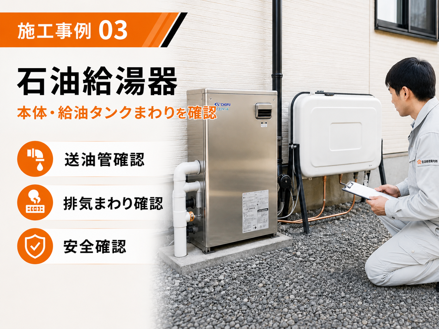 石油給湯器の施工事例。本体、給油タンク、送油管まわりを確認