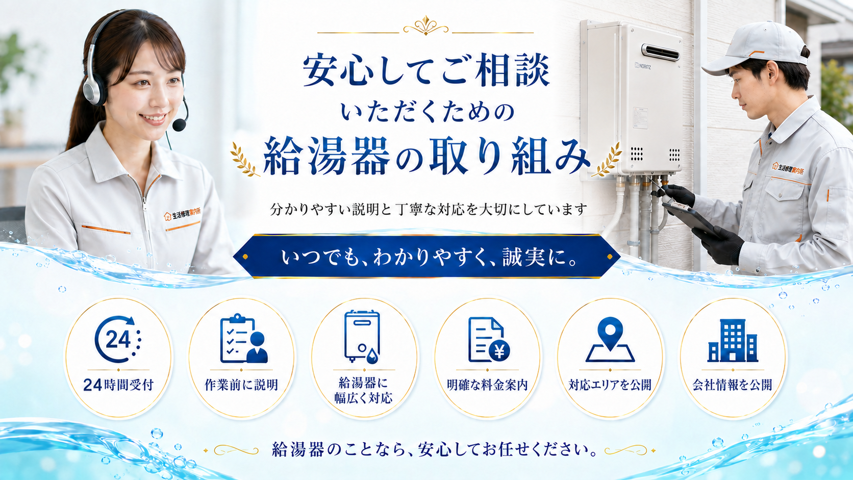給湯器について安心して相談できるよう、24時間受付、作業前説明、明確な料金案内などを紹介
