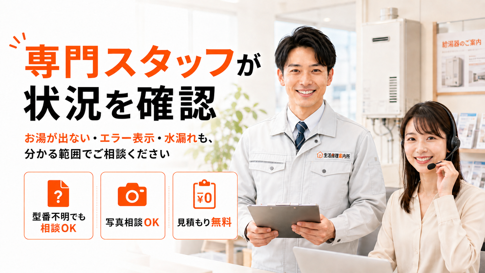 生活修理案内所の専門スタッフが給湯器の状況を確認。型番不明でも相談OK、写真相談OK、見積もり無料